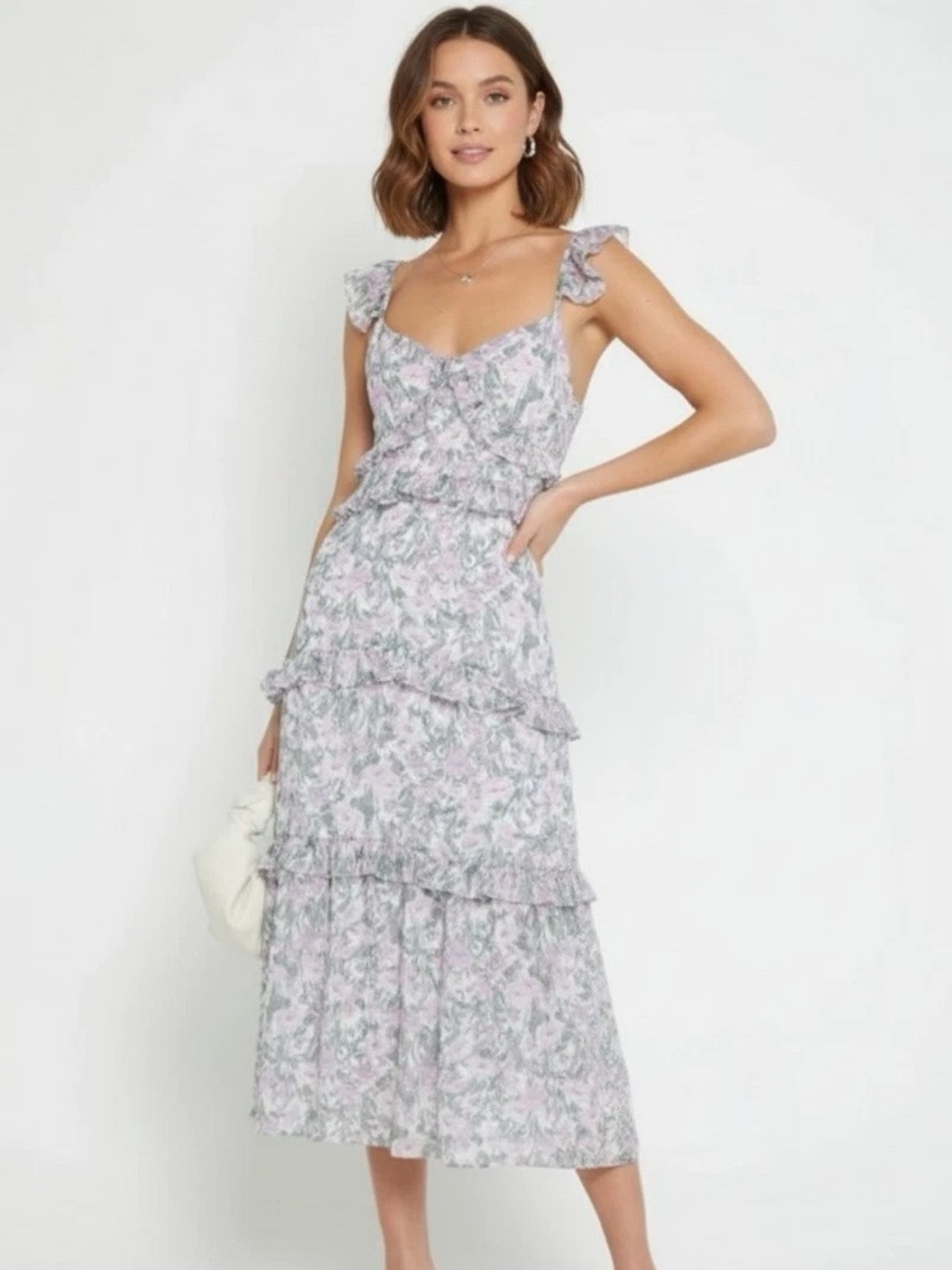 O.P.T. Few Moda NWT Ingrid Ruffle Wedding Guest Midi Purple Floral Dress